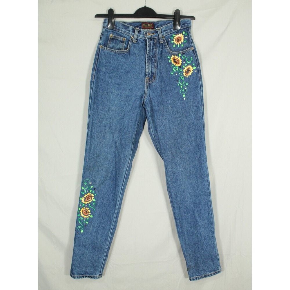 VTG FAST 2000 Jeans HAND-PAINTED SUNFLOWER DESIGN High-Waisted TAPERED LEG 7/8